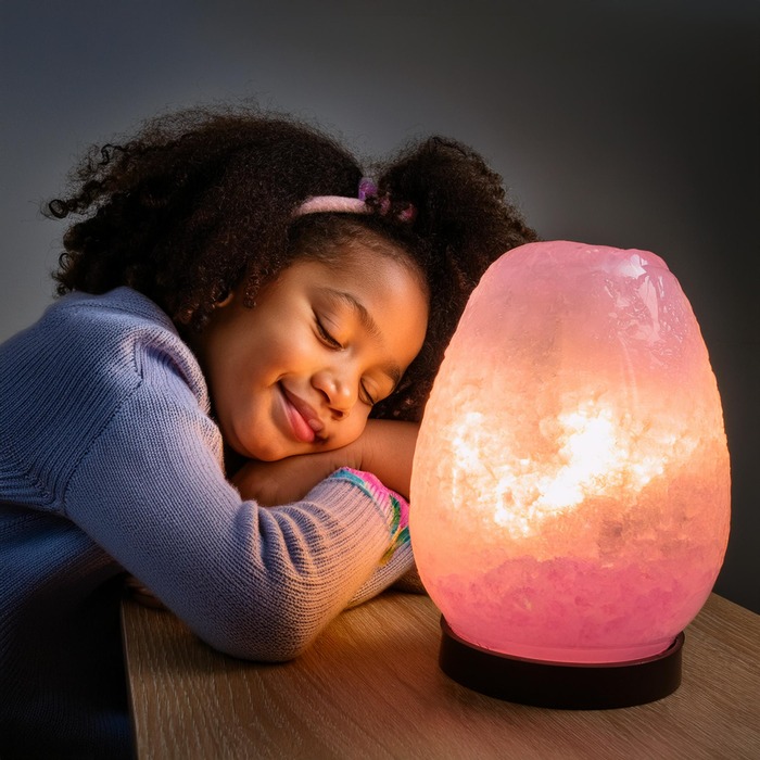 _In this picture, there is a child peacefully sleeping, relax and smile face with a pink salt wall